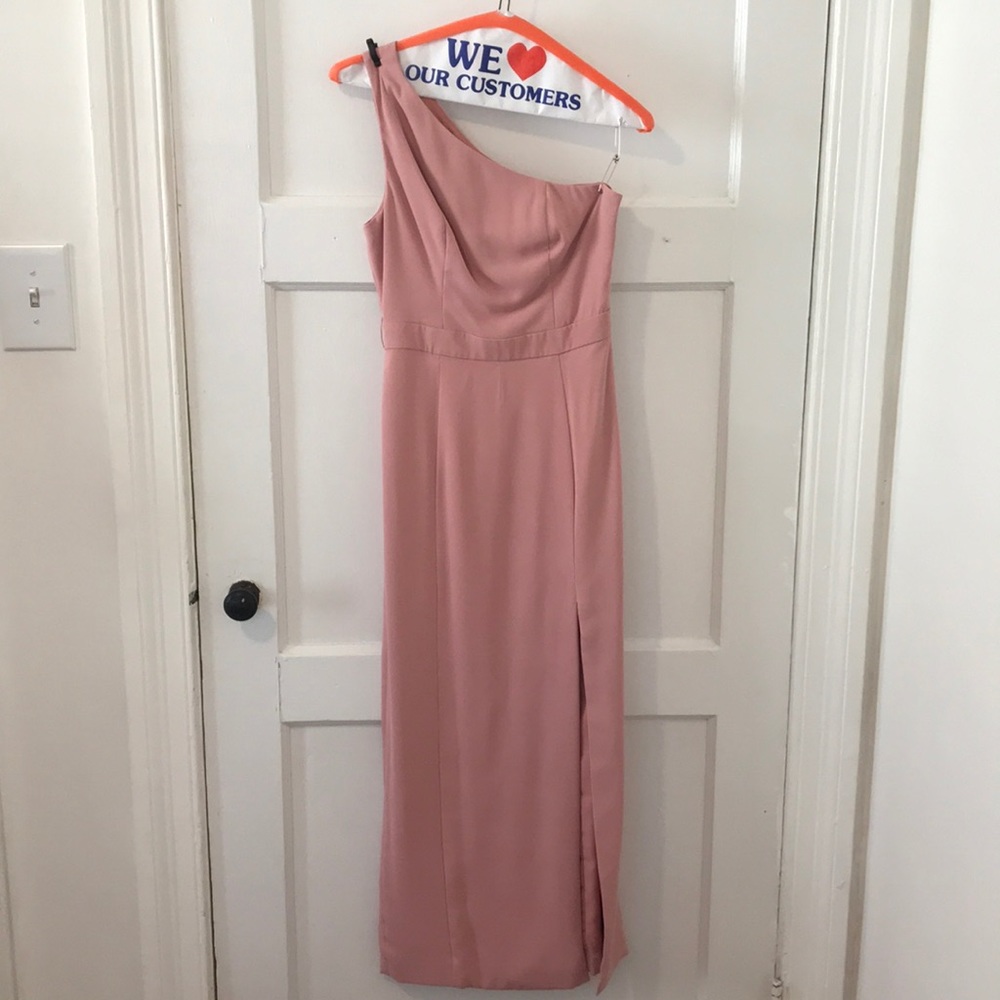 One shoulder dusty rose ankle length dress